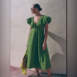 Abercrombie & Fitch Green Puff Sleeve Midi Dress XL Smocked Back Square Neck